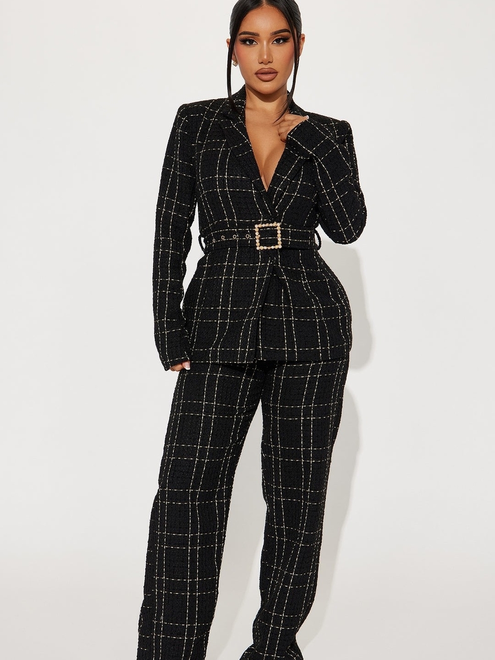 NWOT Fashion Nova Black Tweed Windowpane Belted Blazer & Pants Set: SIZE M